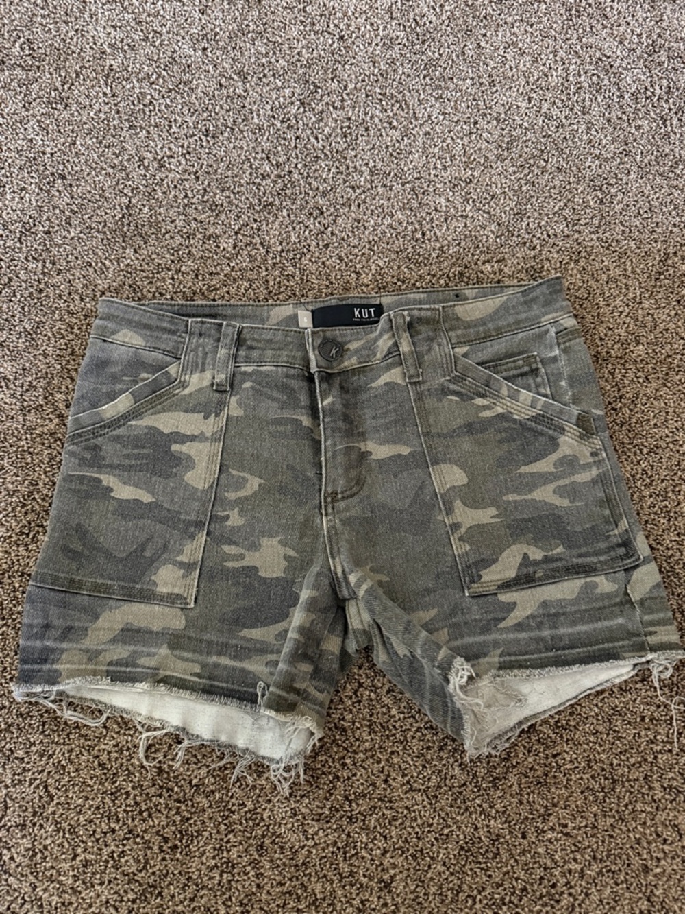 Kut from the Kloth Green Camo Frayed Hem Denim Shorts